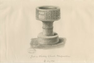 Písmo v Checkley Church: sépiová kresba, 1841 od John Chessell Buckler