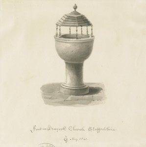 Písmo v Draycott v Moors Church: sépie kresba od John Chessell Buckler