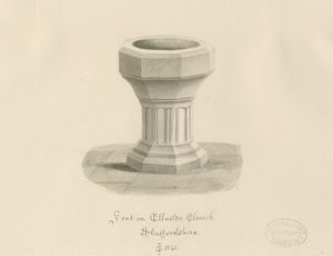 Písmo v Ellastone Church: sépiová kresba od John Chessell Buckler