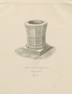 Písmo v kostele Penkridge: sépiová kresba, 1841 od John Chessell Buckler