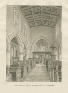 Interiér kostela Blithfield: sépiová kresba, 1824 od John Chessell Buckler