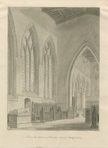 Interiér Checkley Church: sépiová kresba, 1841 od John Chessell Buckler
