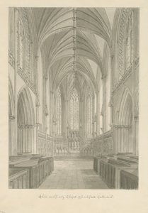 Interiér Lichfield Cathedral - Choir and Lady Chapel: sépie kresba od John Chessell Buckler