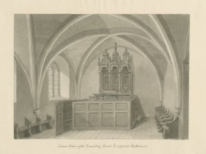 Interiér katedrály Lichfield - konzistořní dvůr: sépiová kresba od John Chessell Buckler