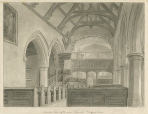 Interiér kostela Sandon: sépiová kresba, 1841 od John Chessell Buckler