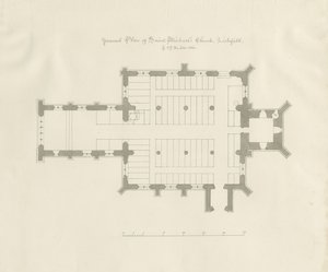 Lichfield - Půdorys kostela sv. Michala: kresba perem a sépií od John Chessell Buckler