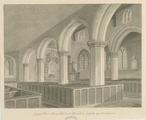 Lichfield - interiér kostela sv. Michala: sépiová kresba od John Chessell Buckler