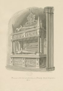 Penkridge Church – „Dvoupatrová“ hrobka sira Edwarda Littletonse: sépiová kresba od John Chessell Buckler