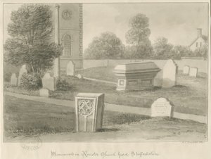 Rocester Church - Památky a kostelní dvůr: sépiová kresba od John Chessell Buckler