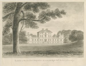 Sandon Hall: sépiová lavírovaná kresba od John Chessell Buckler