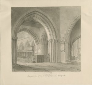 Stafford - Interiér kostela Panny Marie: sépiová kresba, 1841 od John Chessell Buckler