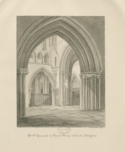 Stafford - Interiér kostela Panny Marie: sépiová kresba, 1841 od John Chessell Buckler