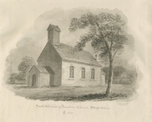 Stafford - Marston Chapel: sépiová kresba (vinětovaná) od John Chessell Buckler