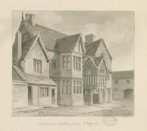 Stafford - Staré domy v Crabbery Lane: sépiová kresba, 1841 od John Chessell Buckler