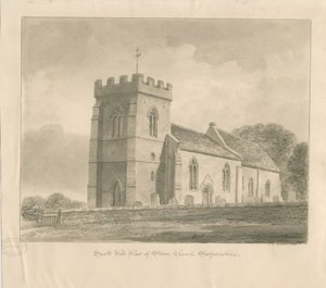 Stowe Church: sépiová lavírovaná kresba od John Chessell Buckler