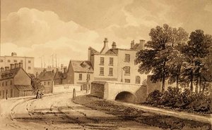 Pohled na Mill Pond Bridge, Bermondsey od John Chessell Buckler