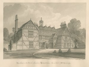 Worcestershire - Hanbury - Meer Hall: sépiová kresba od John Chessell Buckler