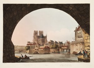 Most hotelu Dieu a kostel Notre Dame, ilustrace z Versailles, Paříž a Saint Denis, hospoda. 1805 (akvatinta) od John Claude Nattes