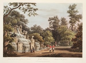 Grand Trianon, Fontána v zahradě, ilustrace z Versailles, Paříž a Saint Denis, hospoda. 1805 (akvatinta) od John Claude Nattes