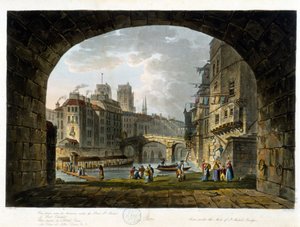 Paříž: Pont de Chatelet a Hotel Dieu - v „Paříž vu par J.C. Mattes“, ed. Miller, Londýn od John Claude Nattes