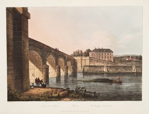 Paříž, Most Neuille, ilustrace z Versailles, Paříž a Saint Denis, hospoda. 1807 (akvatinta) od John Claude Nattes
