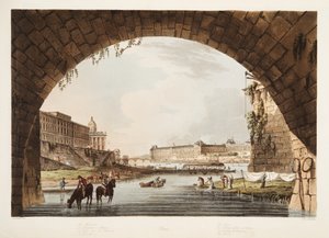 Louvre; Mincovna; College of the 4 Nations; The Bridge of Reunion, ilustrace z Versailles, Paříž a Saint Denis, hospoda. 1805 (akvatinta) od John Claude Nattes