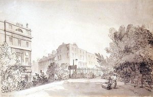 Pohled na náměstí Fitzroy se dvěma figurami táhnoucími zahradní válec, cca 1808 (inkoust a mytí na papíře) od John Claude Nattes