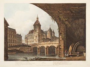 Pohled na Pont-au-Change, Tour de lHorloge a Conciergerie, ilustrace z Versailles, Paříže a Saint Denis, hospoda. 1807 (akvatinta) od John Claude Nattes