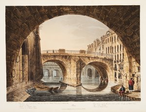 Pohled zpod prvního oblouku mostu hotelu Dieu, Malý most, část hotelu Dieu, ilustrace z Versailles, Paříž a Saint Denis, hospoda. 1809 (akvatinta) od John Claude Nattes