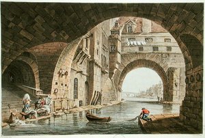 Mycí místo hotelu-Dieu a Pont de la Tournelle, vyryto I. Hillem, 1810 (akvatinta) od John Claude after Nattes