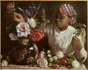 La negresse aux peonines Obraz Frederika Bazilleho (1841-1870) 1870 Rozm. 0,6x0,75 m Montpellier, musee Fabre - Černoška s pivoňkami. Obraz Frederica Bazille (1841-1870)