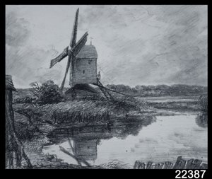 Mlýn na břehu řeky Stour (dřevěné uhlí na papíře) od John Constable