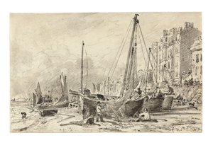 Rybářské lodě na pláži s rybáři opravujícími sítě na pláži v Brightonu, při pohledu na západ, kolem 1824-28 od John Constable