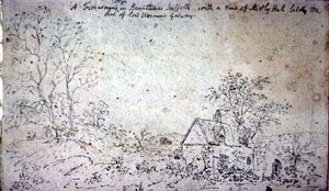 Chata v Brantham, s výhledem na Mistley Hall (nákres) od John Constable