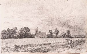 Chaty a silnice, Východní Bergholt, tužka od John Constable