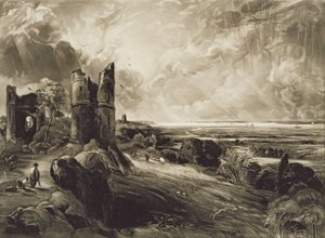 Hrad Hadleigh, vyrytý Davidem Lucasem (1802-81) kolem roku 1832 (mezzotinta s leptem) od John Constable