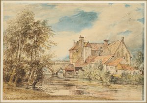Staré domy na Harnamském mostě v Salisbury se starobylou nemocnicí svatého Mikuláše od John Constable