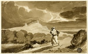Žena s dítětem prchá přes vřesoviště od John Constable