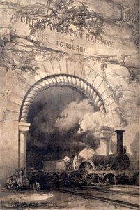 Lokomotiva Acheron 2-2-2 vycházející z tunelu poblíž Bristolu, průčelí k The History and Description of the Great Western Railway, 1846 od John Cooke Bourne