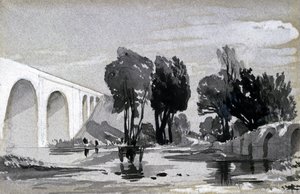 Blythe Viaduct, Hampton-in-Arden, cca 1838 (pero a inkoust a mytí na papíře) od John Cooke Bourne
