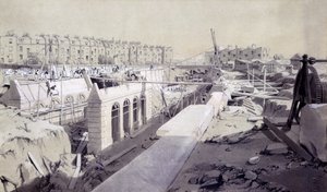 Mornington Crescent - Line ve výstavbě, září 1836 (pero a inkoust a mytí na papíře) od John Cooke Bourne