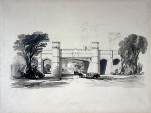 Ragbyové železniční mosty při pohledu ze silnice, Warwickshire, duben 1839 (pero, inkoust a mytí na papíře) od John Cooke Bourne