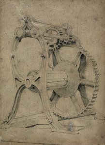 Naviják nebo krabí mechanismus pro navíjení řetězů, 30. léta 19. století (pero a inkoust a mytí na papíře) od John Cooke Bourne