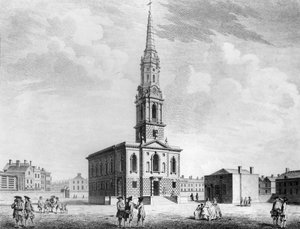 Severozápadní pohled na kostel St Giless v polích, 1753