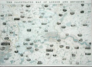 Ilustrovaná mapa Londýna a okolí, kolem 1845-55 (barevné lito) od John Dower