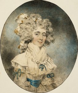Portrét paní Fisherové, poloviční délka, v bílých šatech zdobených modrými stuhami, 1788