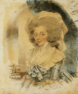 Portrét královny Charlotte, malá poloviční délka v modrobílých šatech s korunou vedle ní, 1787