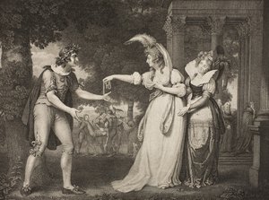 Trávník před vévodským palácem, dějství I, scéna II, z „Jak se vám líbí“, z galerie Boydell Shakespeare, vydané koncem 19. století od John Downman