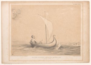 Spotprent se setkal s lordem Russellem v een zeilboot Plachtění před větrem, s Breakers napřed. Úzký únik (nadpis na objektu) HB Sketches (název série na objektu) od John Doyle