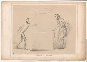 Spotprent potkal Roebucka a lorda Bentincka Přednáška o řečnickém projevu. Profesor prosazuje svá pravidla příkladem (titul na předmětu) HB Sketches (název série na objektu) od John Doyle